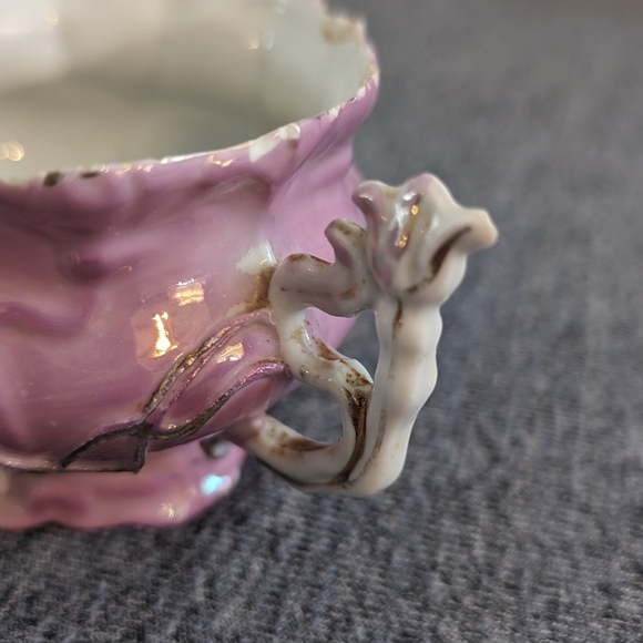 Antique Victorian Style Lusterware Cup and Saucer, Raised Floral Details - Picture 8 of 8